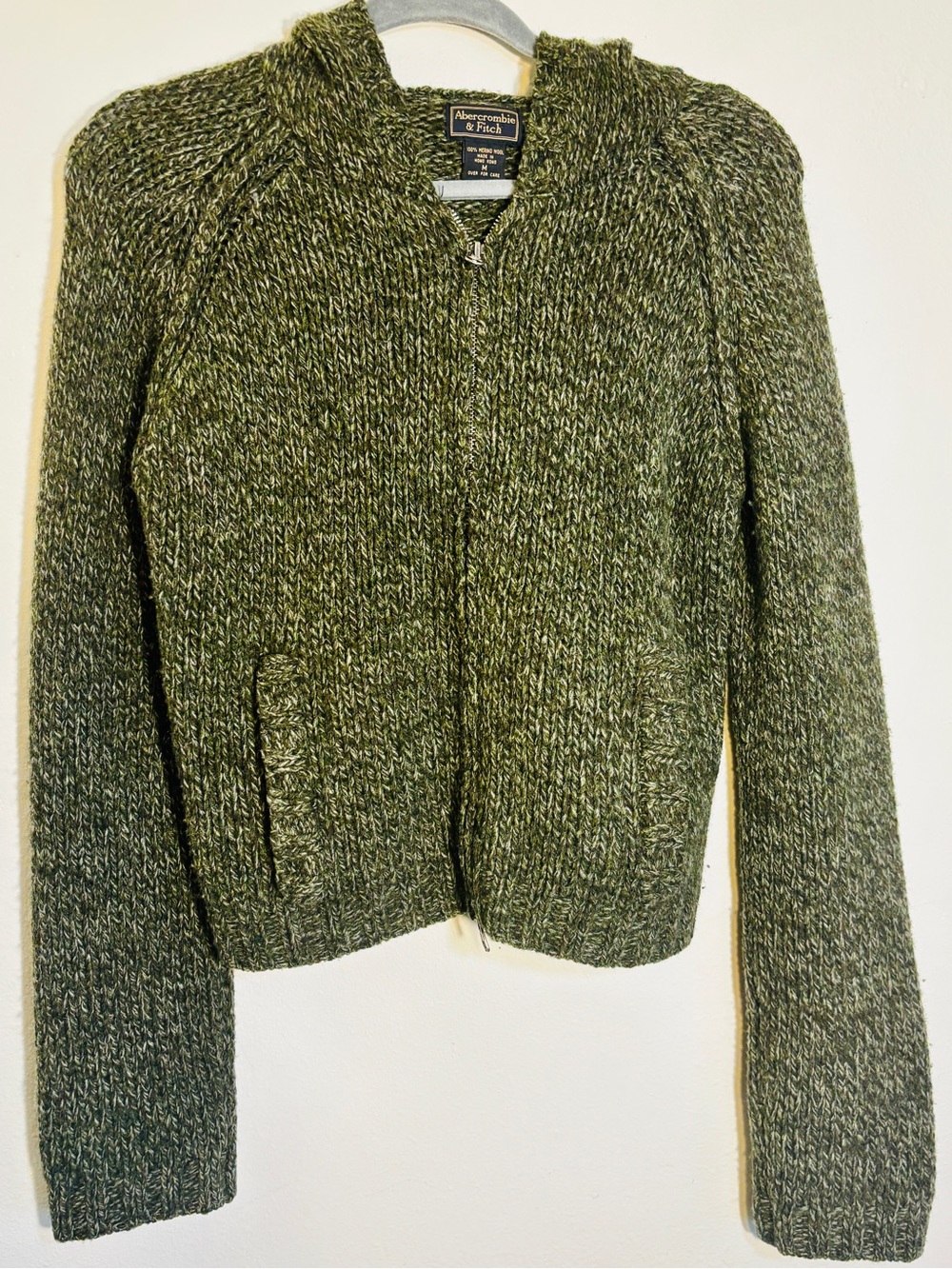 VINTAGE 100% Merino Wool Abercrombie & Fitch Olive Green Zip Knit w/hood